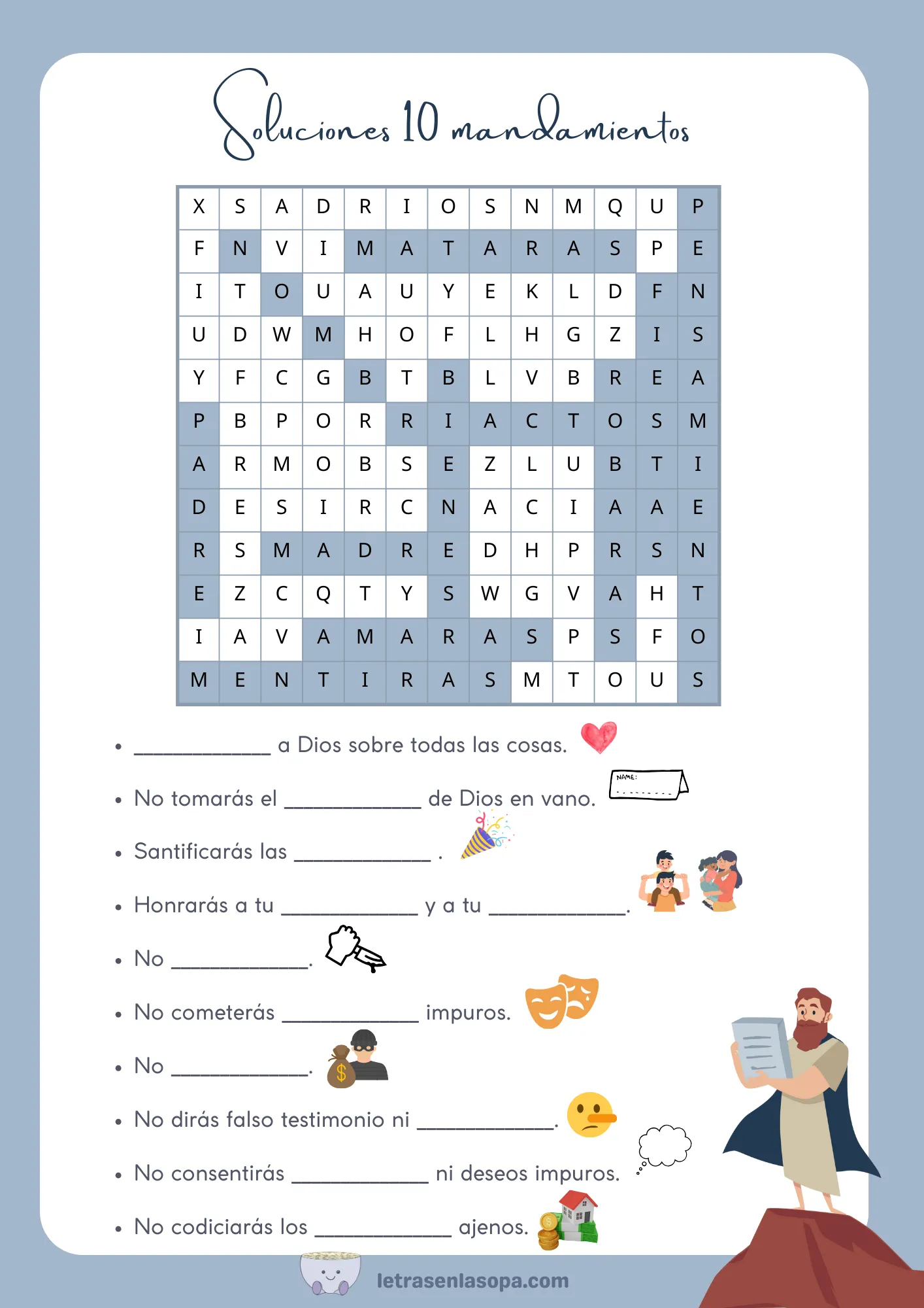 soluciones sopas de letras cristianas niños imprimir los 10 mandamientos