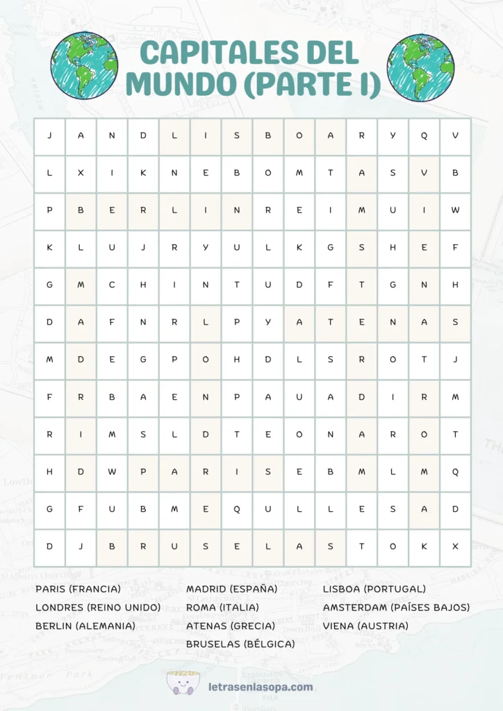 Capitales del mundo difíciles 10-12 años soluciones sopas de letras niños 10 a 12 años dificiles soluciones