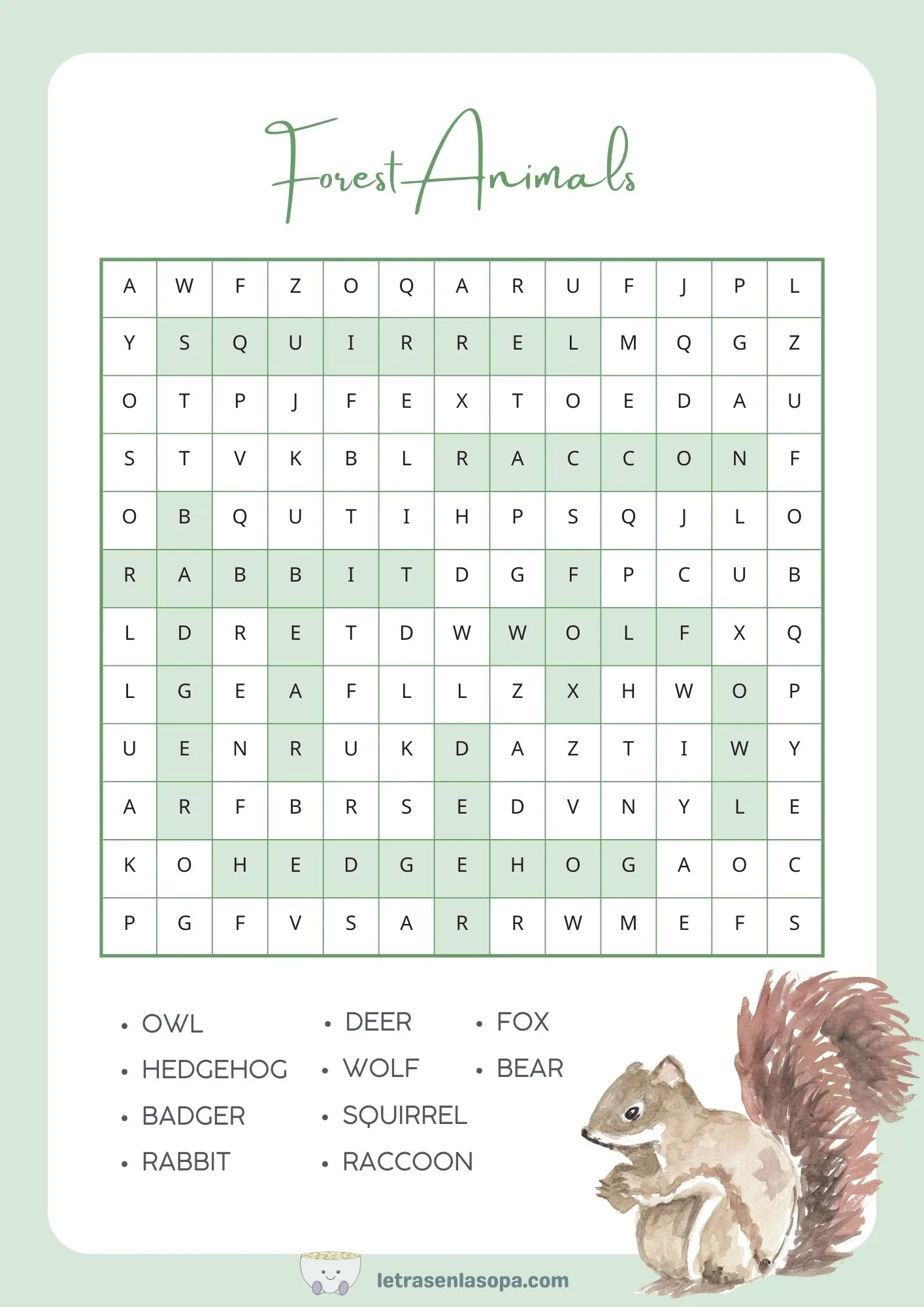 soluciones sopa de letras animales inglés animales animales del bosque grandes soluciones sopa de letras animales inglés animales animales del bosque grandes