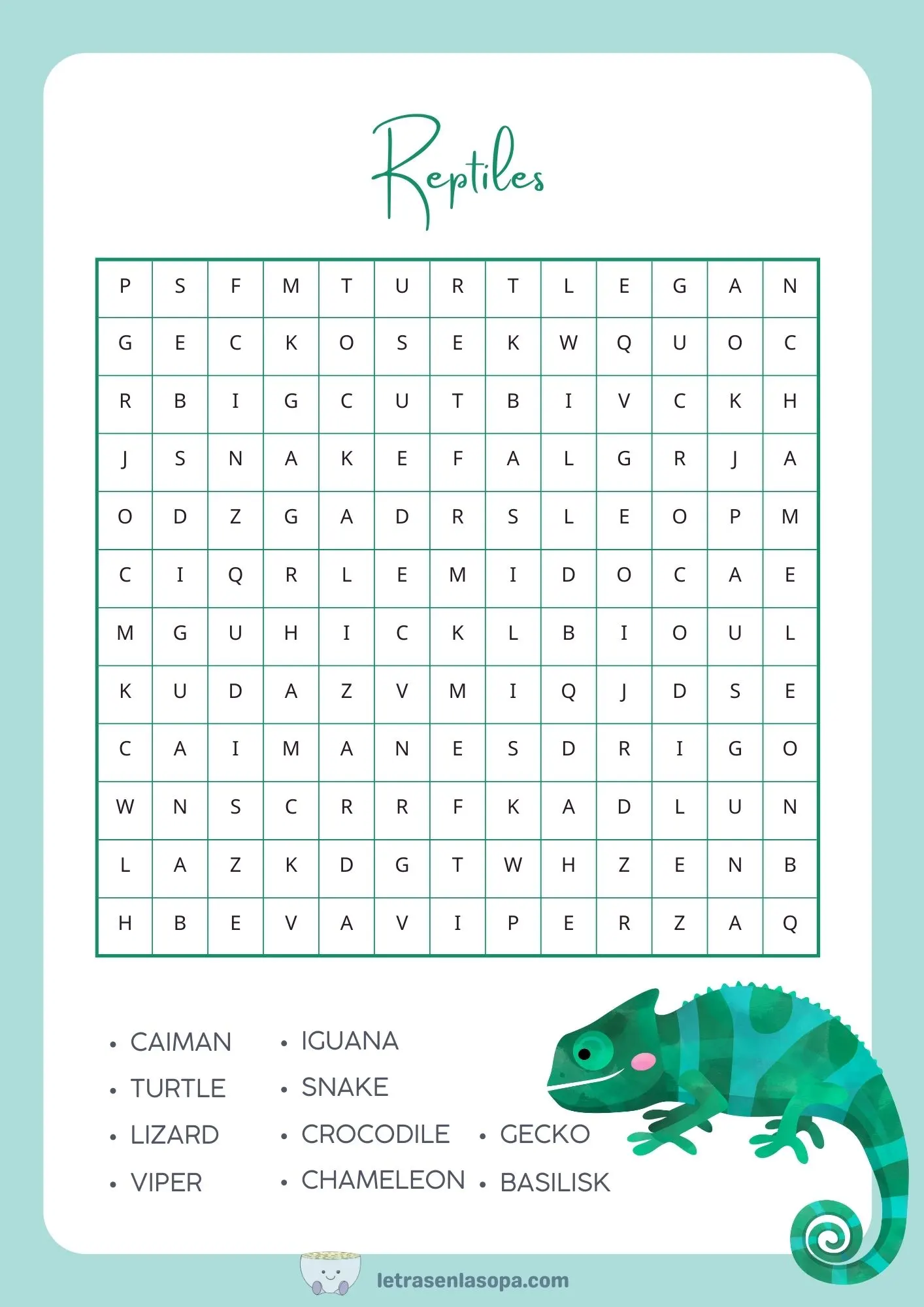 sopa letras animales inglés animales reptiles