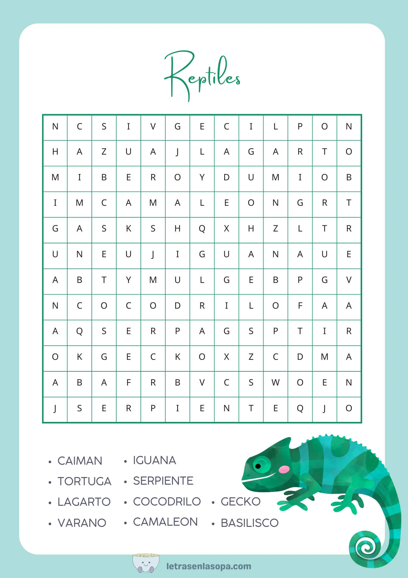 sopas de letras de animales reptiles