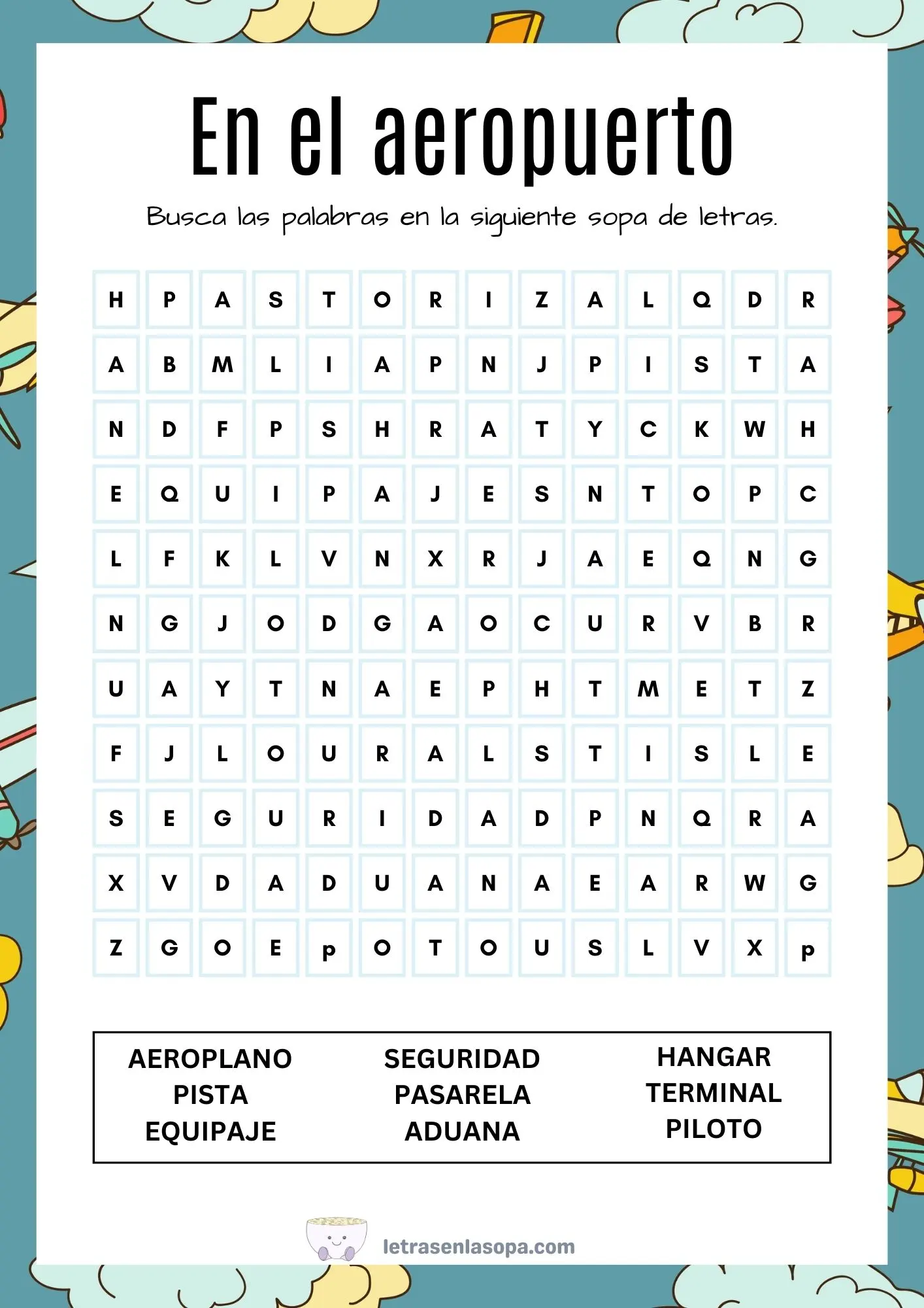 sopas de letras para adultos mayores en la oficina en el aeropuerto