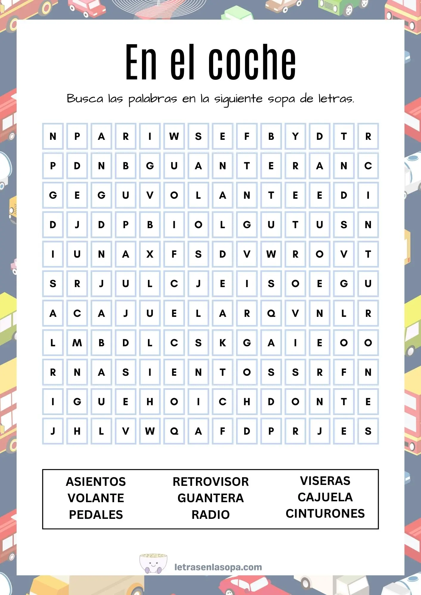 sopas de letras para adultos mayores en el coche