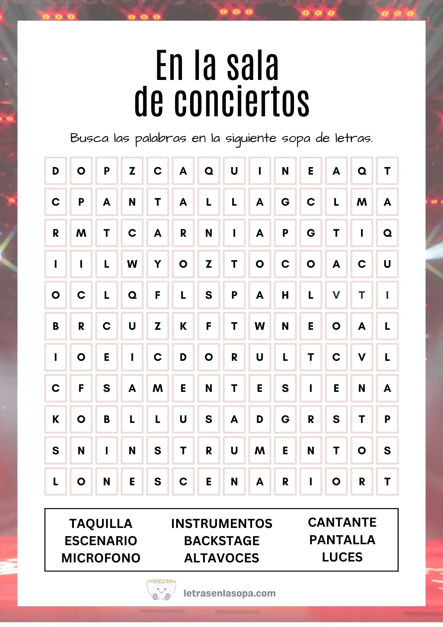 sopas de letras adultos gratis en la sala de conciertos