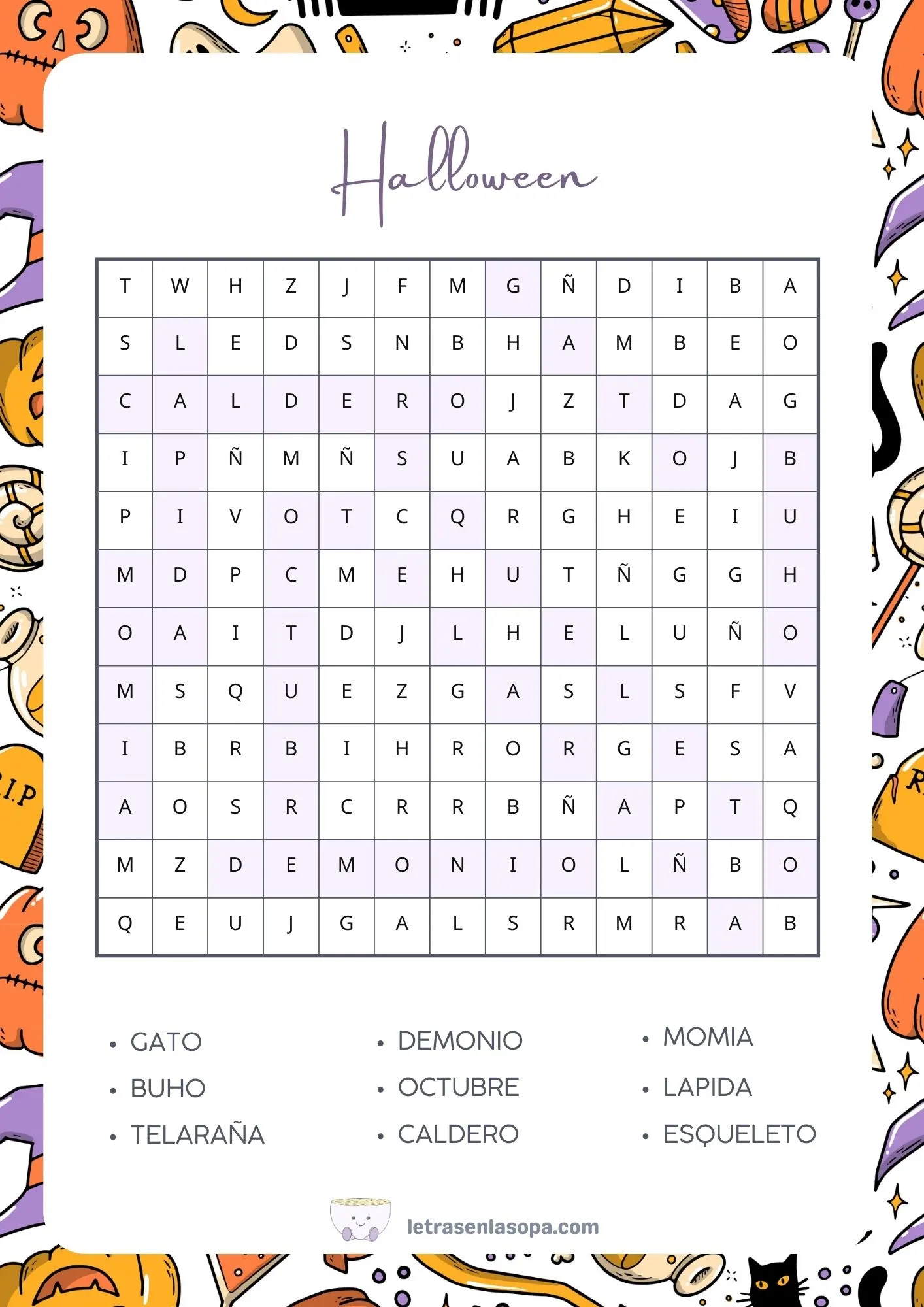 soluciones Sopas de letras halloween para niños gratis