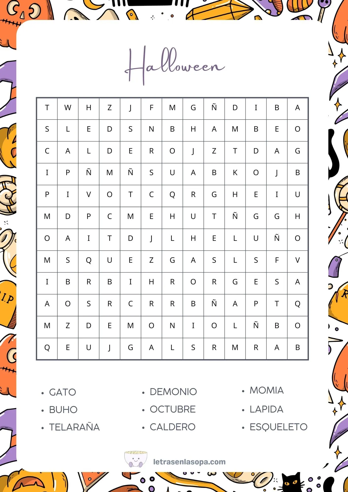 Sopas de letras halloween para niños gratis