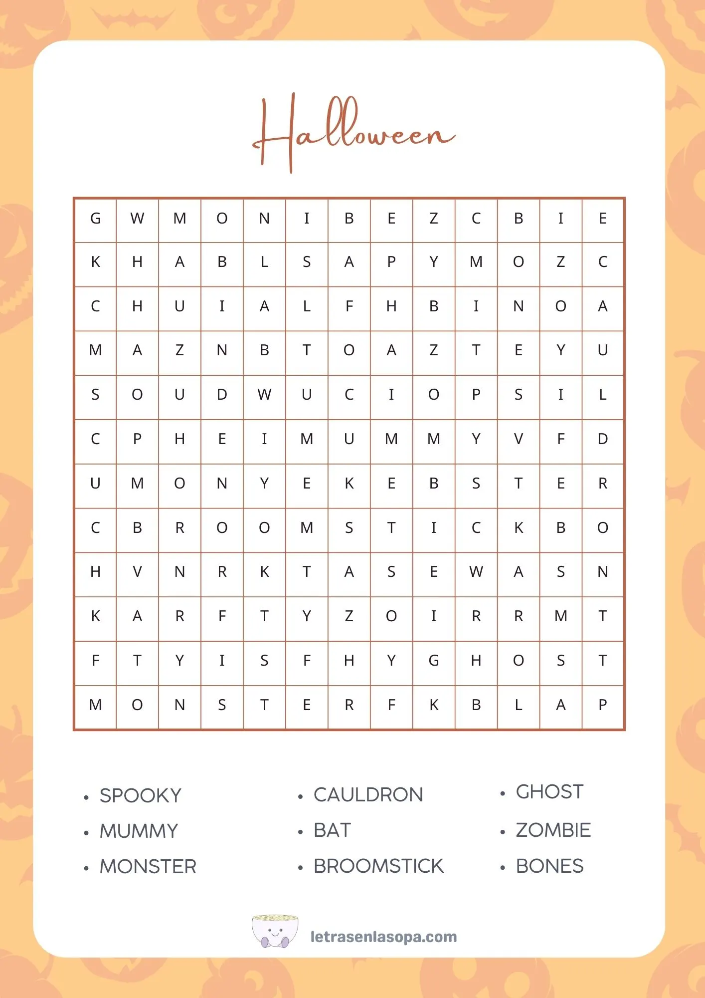 Sopas de letras halloween en inglés gratis