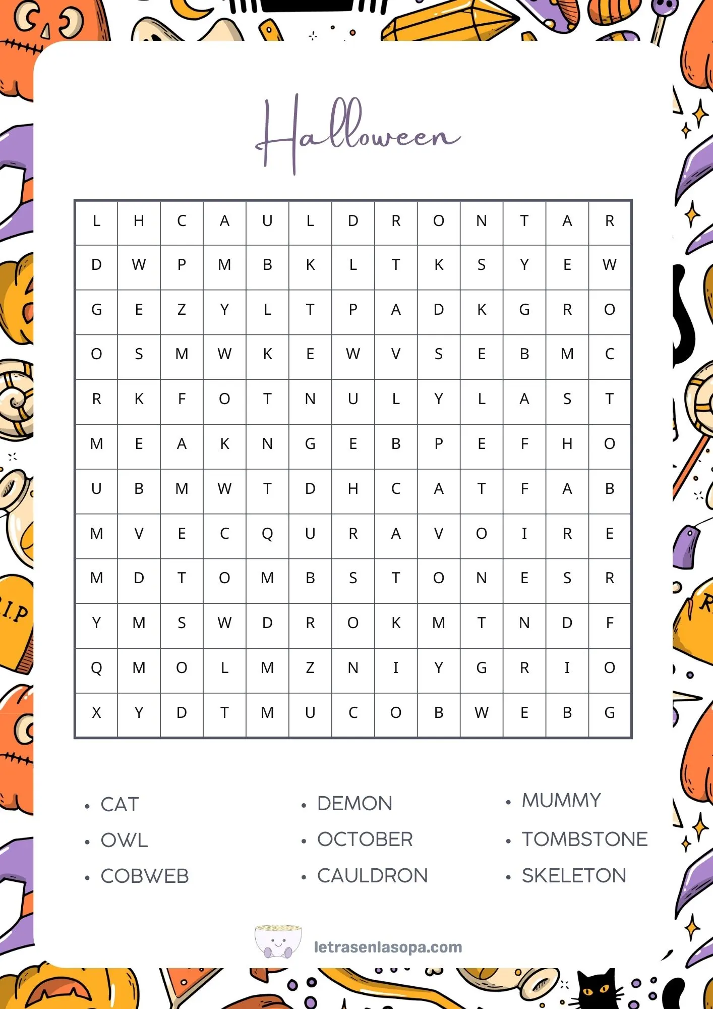 Sopas de letras halloween en inglés gratis