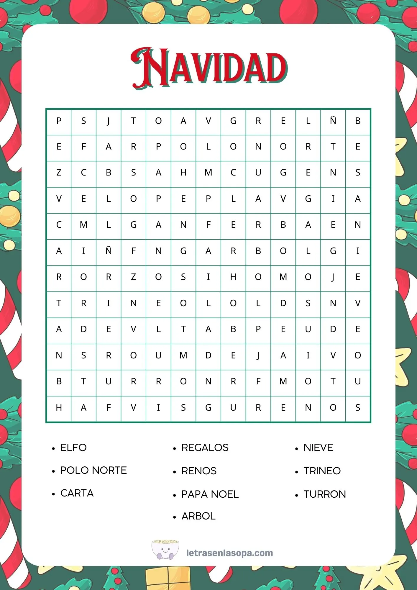 Sopa de letras para niños Navidad