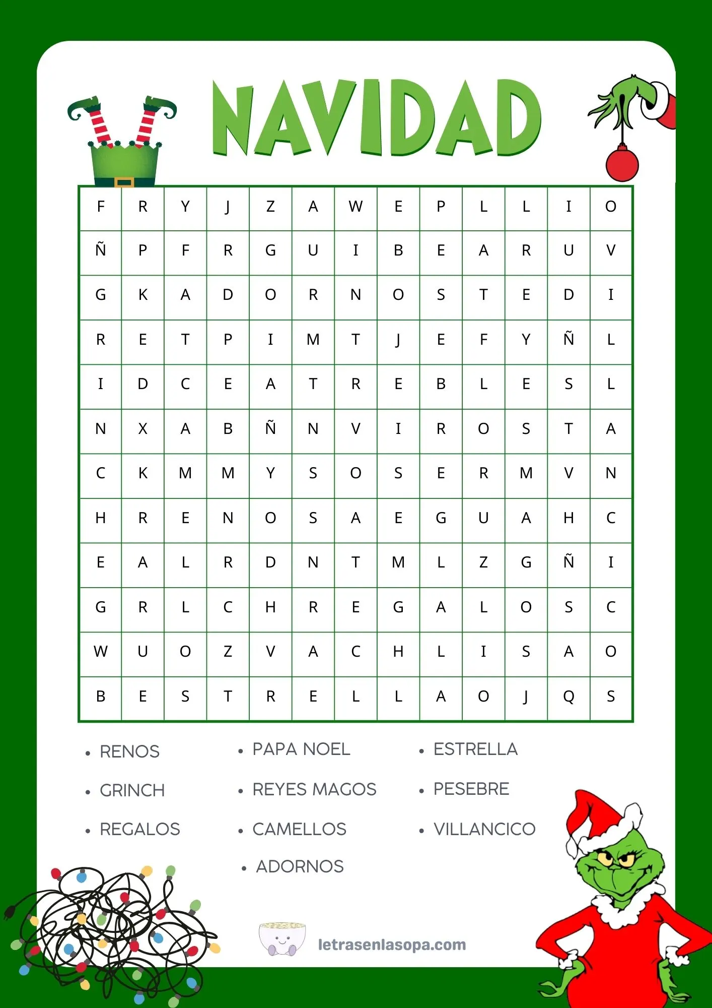 Sopa de letras de Navidad para niños PDF.